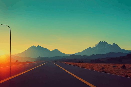 road route with mountains in front and sunset in background. road illustration. road wallpaper.