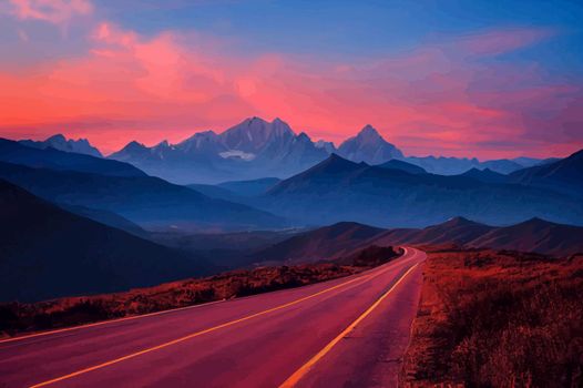 road route with mountains in front and sunset in background. road illustration. road wallpaper.