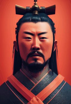 symmetric full portrait of a Japanese samurai warrior.