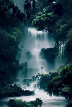 Waterfall flowing from a stream and rugged cliffs.