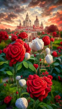 red and white roses under the colorful sky. roses with castle and sunset in the background.