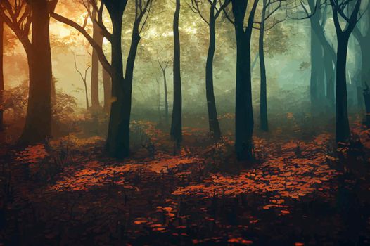 Magical autumn forest with sun rays in the evening. Trees in fog. Colorful landscape with foggy forest, gold sunlight, orange foliage at sunset. Fairy forest in autumn