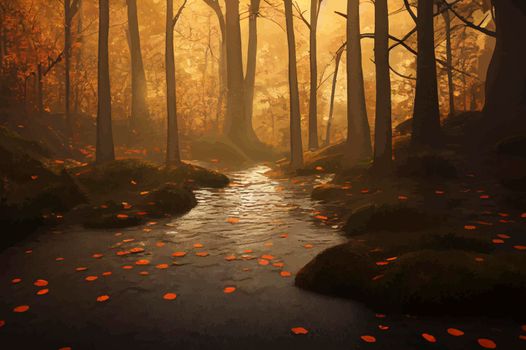 Magical autumn forest with sun rays in the evening. Trees in fog. Colorful landscape with foggy forest, gold sunlight, orange foliage at sunset. Fairy forest in autumn