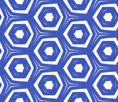 Ikat repeating swimwear design. Indigo symmetrical kaleidoscope background. Summer ikat sweamwear pattern. Textile ready awesome print, swimwear fabric, wallpaper, wrapping.