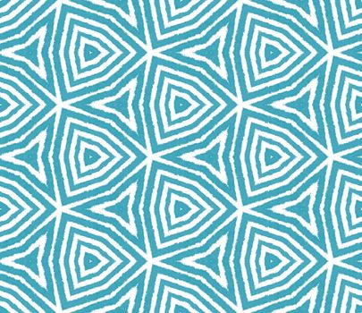Striped hand drawn pattern. Turquoise symmetrical kaleidoscope background. Repeating striped hand drawn tile. Textile ready lovely print, swimwear fabric, wallpaper, wrapping.