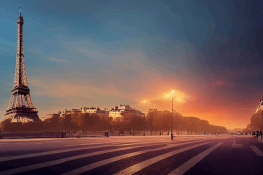 view of paris street with the Eiffel Tower in the background in a foggy day.