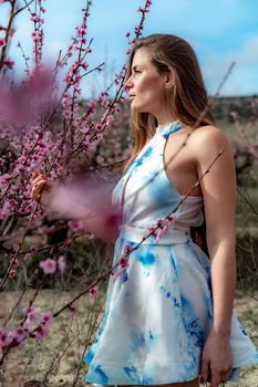 Young beautiful woman in blue dress and long hair is enjoying with blossoming peach trees.