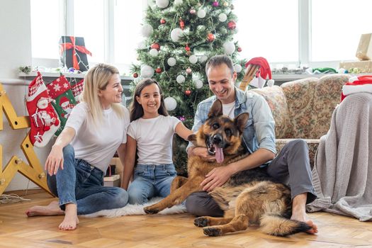 Friendly family is playing with dog near Christmas tree. They are sitting and laughing.