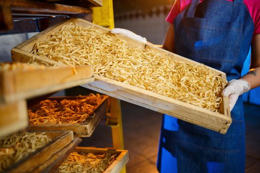The girl works on the production of spaghetti. Making noodles. Pasta factory. Stage production of pasta. Raw noodles. Worker with a box of pasta.