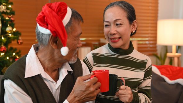 Loving senior couple having fun drinking hot chocolate while sitting by decorated Christmas tree in living room.