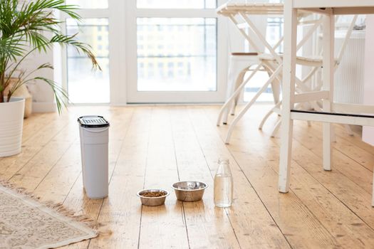 Two metal bowls for animals with dry food and water , a gray plastic container with animal food and a transparent bottle of water, stand on the wooden floor in a bright kitchen, in daylight windows Copy space