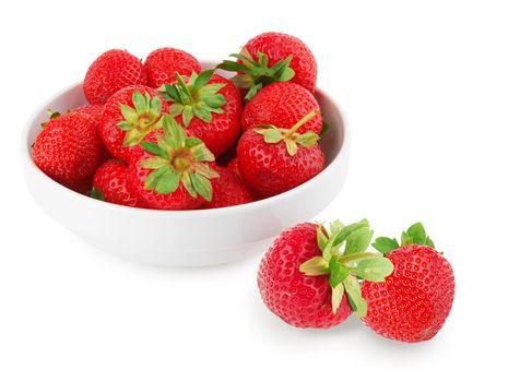 Fresh red strawberries in bowl isolated on white background