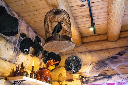 The hut of a Creepy old witch brewing potions in her cauldron surrounded by magical gear and accessories. Halloween. Scary tales High quality photo