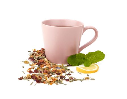 Herbal tea with berries on white background