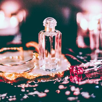 Perfumery, cosmetic branding and spa concept - Perfume bottles and vintage fragrance at night, aroma scent, fragrant cosmetics and eau de toilette as luxury beauty brand, holiday fashion parfum design