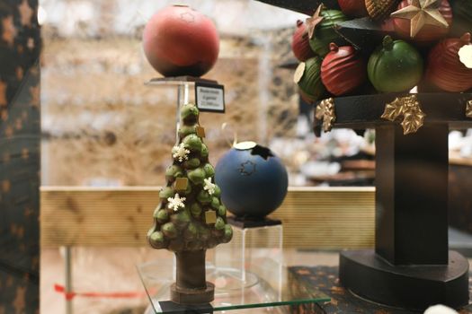 Chocolate tree in a showcase pastry shop