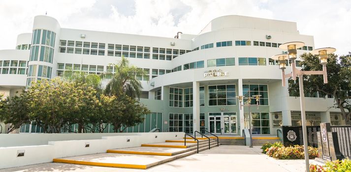 Miami, USA - September 10, 2019: MBPD Miami Beach Police Department Modern building on Washington Street