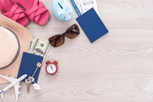 Overhead view of Traveler's accessories, Essential vacation items, Travel concept background. High quality photo