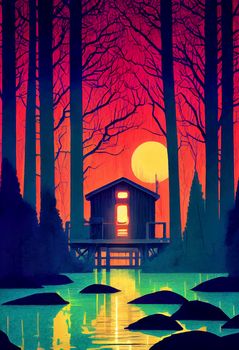 illustration of lakeside cabin in the forest, with pine trees in the background.