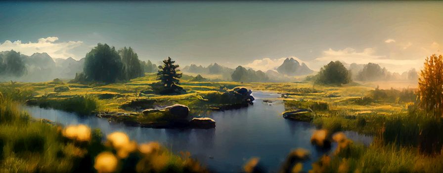 panoramic Illustration of peaceful landscape with a natural setting, cinematic and beautiful landscape illustration