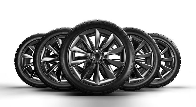Set of car wheels on white background. 3D rendering illustration.