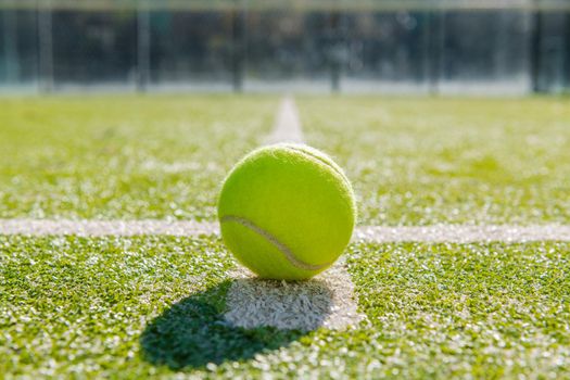 yellow tennis ball in court of green turf, indoor sports concept and sporty lifestyle