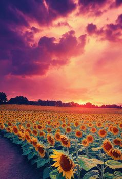 sunflowers under the colorful sky, Beautiful sunflower field