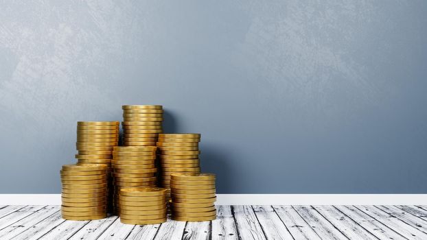 Heaps of Coins on Wooden Floor Against Blue Gray Wall with Copy Space 3D Render Illustration