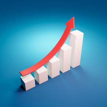 Growing Bar Chart with Rising Red Arrow 3D Illustration on Blue Background