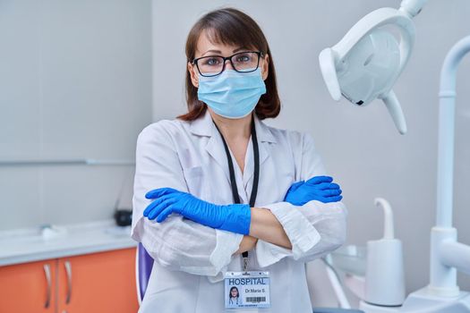 Portrait of serious female doctor dentist in face mask in office. Confident middle aged woman looking at camera with crossed arms near dental chair. Dentistry medicine, specialist, career, health care