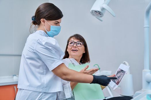 Female doctor dentist talking to middle aged woman patient in dental chair, discussing x-rays of teeth and jaws. Dental treatment and prosthetics, implantation, health care concept