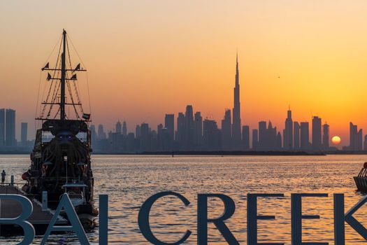Dubai, UAE - 09.18.2021 View of Dubai skyline, shot made from Dubai creek harbor