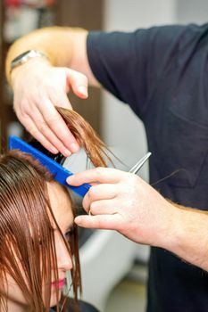 The hairdresser cuts the hair of a brunette woman. Hairstylist is cutting the hair of female client in a professional hair salon, close up