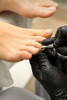 Cuticle Removal on Toes. Hands in black gloves of pedicure master remove cuticle on female toes by pusher