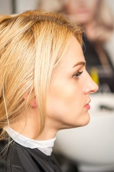 Gorgeous profile of caucasian beauty blonde woman with beautiful hairstyle over hair salon background