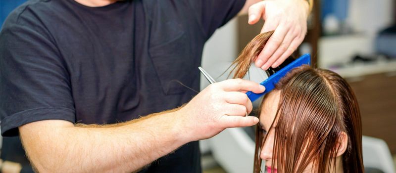 The hairdresser cuts the hair of a brunette woman. Hairstylist is cutting the hair of female client in a professional hair salon, close up