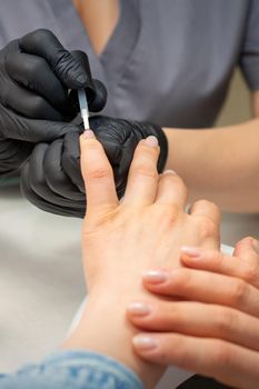 Painting female nails. Hands of manicurist in black gloves is applying transparent nail polish on female nails in a manicure salon