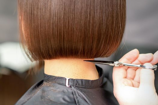 The hairdresser cuts the hair of a brunette woman. Hairstylist is cutting the hair of female client in a professional hair salon, close up