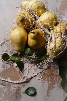A group of fresh ripe yellow pears in string bag on wooden table, fruits harvesting concept, top view, selective focus.