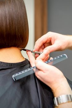 The hairdresser cuts the hair of a brunette woman. Hairstylist is cutting the hair of female client in a professional hair salon, close up