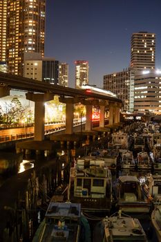 Ship and Tokyo cityscape (evening scenery). Shooting Location: Tokyo metropolitan area