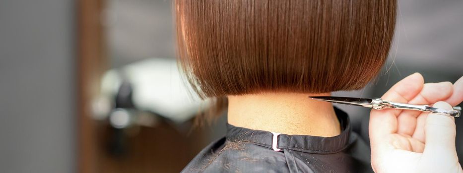 The hairdresser cuts the hair of a brunette woman. Hairstylist is cutting the hair of female client in a professional hair salon, close up