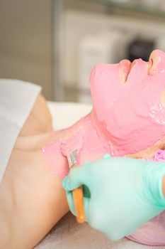 Hand of cosmetologist applying the pink alginic mask with the brush to the face of the young woman in a beauty salon