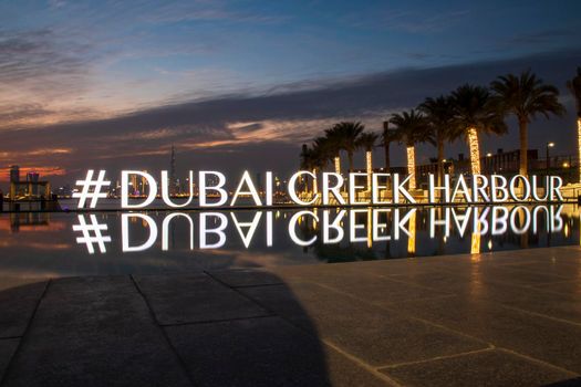 Shot of a Dubai city skyline at night from Dubai creek harbour. UAE