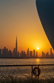 Dubai, UAE - 09.18.2021 View of Dubai skyline, shot made from Dubai creek harbor