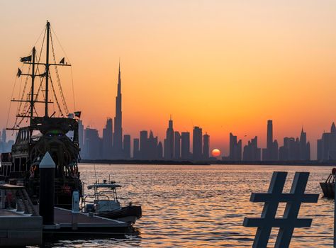 Dubai, UAE - 09.18.2021 View of Dubai skyline, shot made from Dubai creek harbor