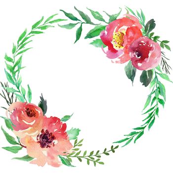 Watercolor colorful circular wreath with summer flowers and center white copy space for your text