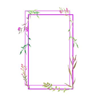 Watercolor wreath of purple creeper flowers and green leaves. watercolor with square frame isolated on white background