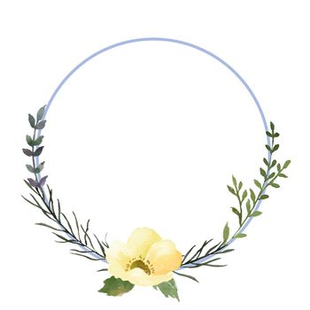 watercolor flower frame circle. Card with circular flowers and leaves. Wedding ornament concept. Decorative greeting card layout or invitation design background