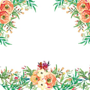 watercolor flower background frame. Wedding invitation, flowers, petals and bouquets with green foliage, exotic tropical plants. graphics.